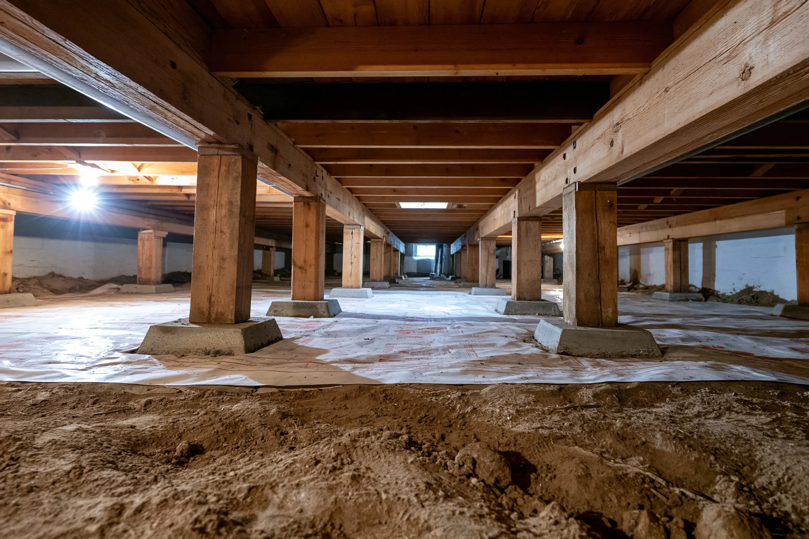 Low view inside a crawlspace under a house: a row of timber posts on concrete pads holding wood girders and floor joists, bare soil partly covered by a vapor barrier, lit by a light at one end
