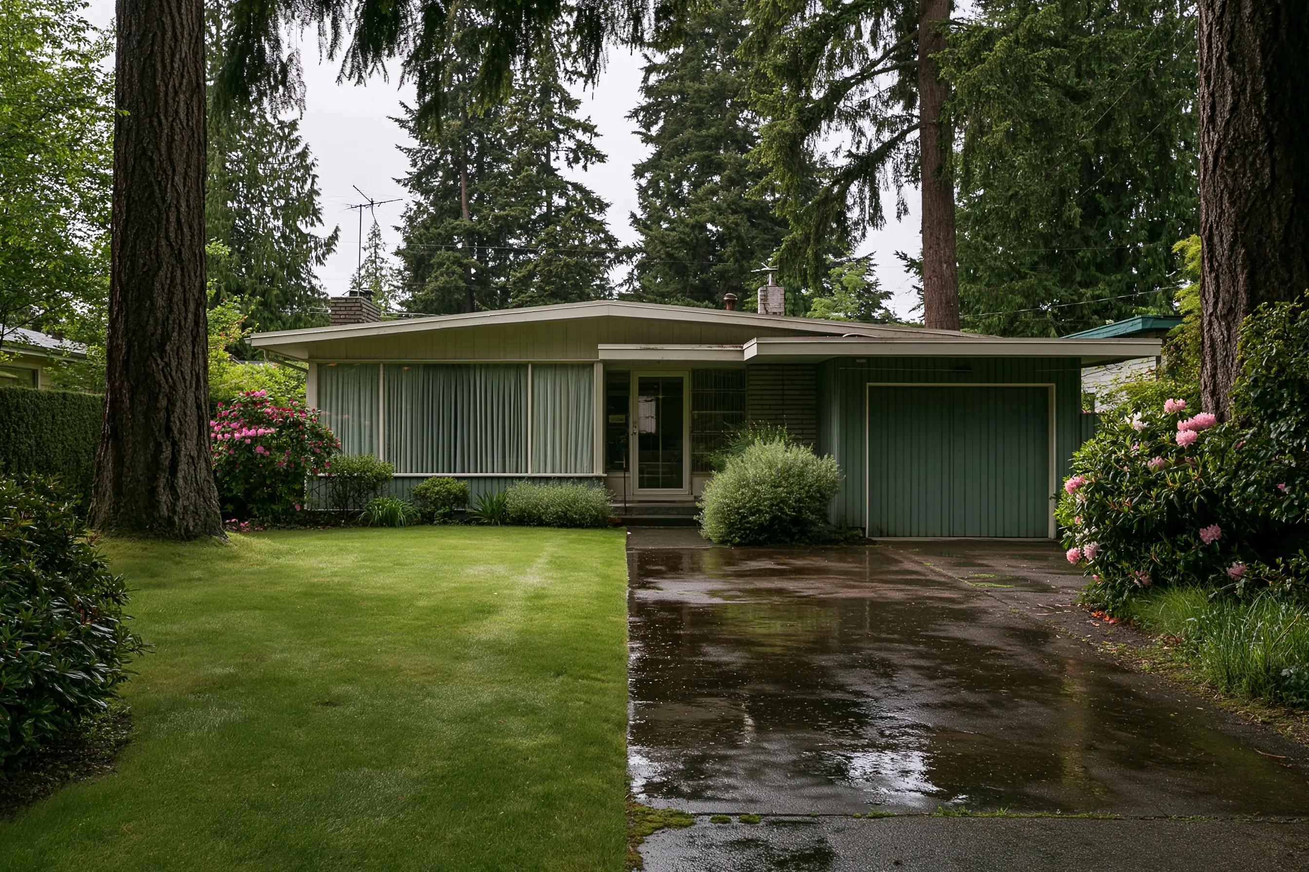 Front of a single-story rambler with a low-pitched roof and attached garage, a wet green lawn, mature Douglas firs and rhododendrons, and a damp driveway after rain